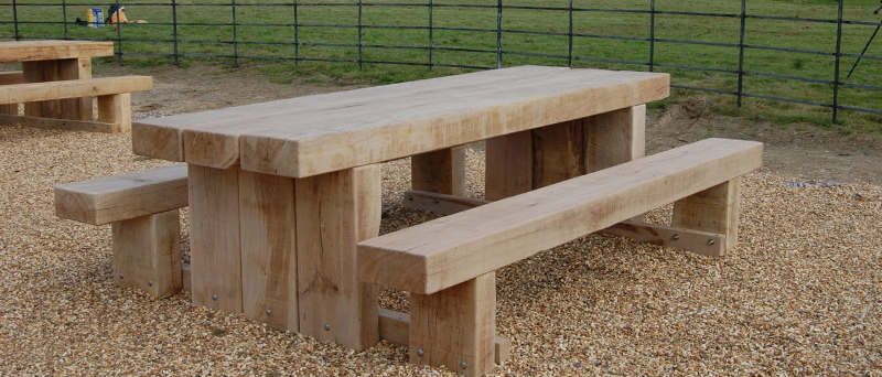 Railway sleeper table and shop benches